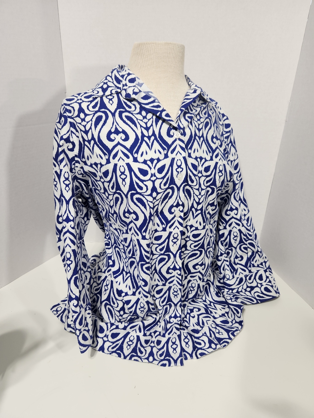 Chico's Blue and White Printed Button-Front Blouse